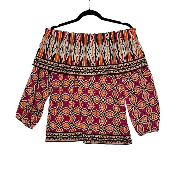 Chico's Orange Pink Brown Off Shoulder Ruffle Top Size Medium - Picture 2 of 5